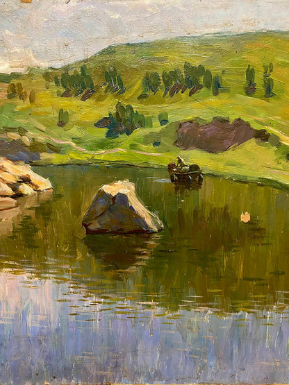 Oil painting Still water by Tal’ko Boris Adol’fovich: textured beige rock in greenish-blue lake