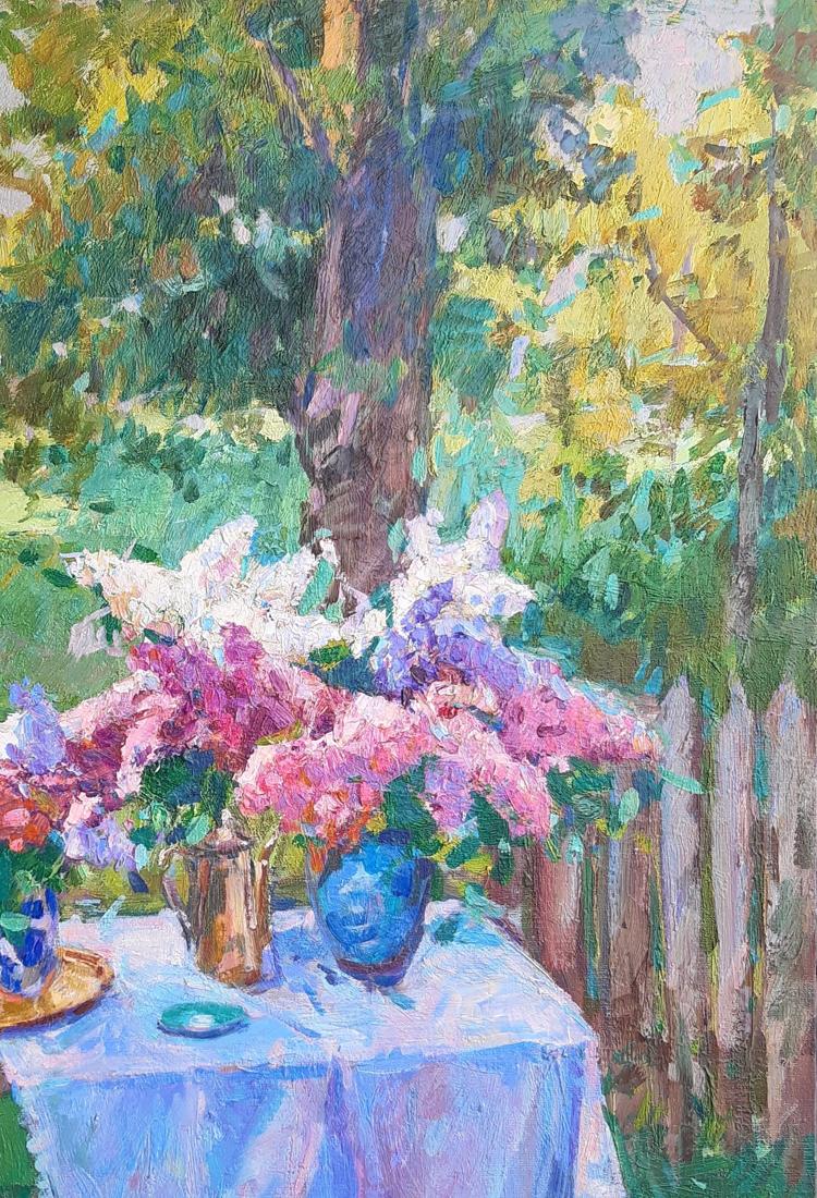 Oli painting Lilac Flowers rural yard   Pereta Vyacheslav
