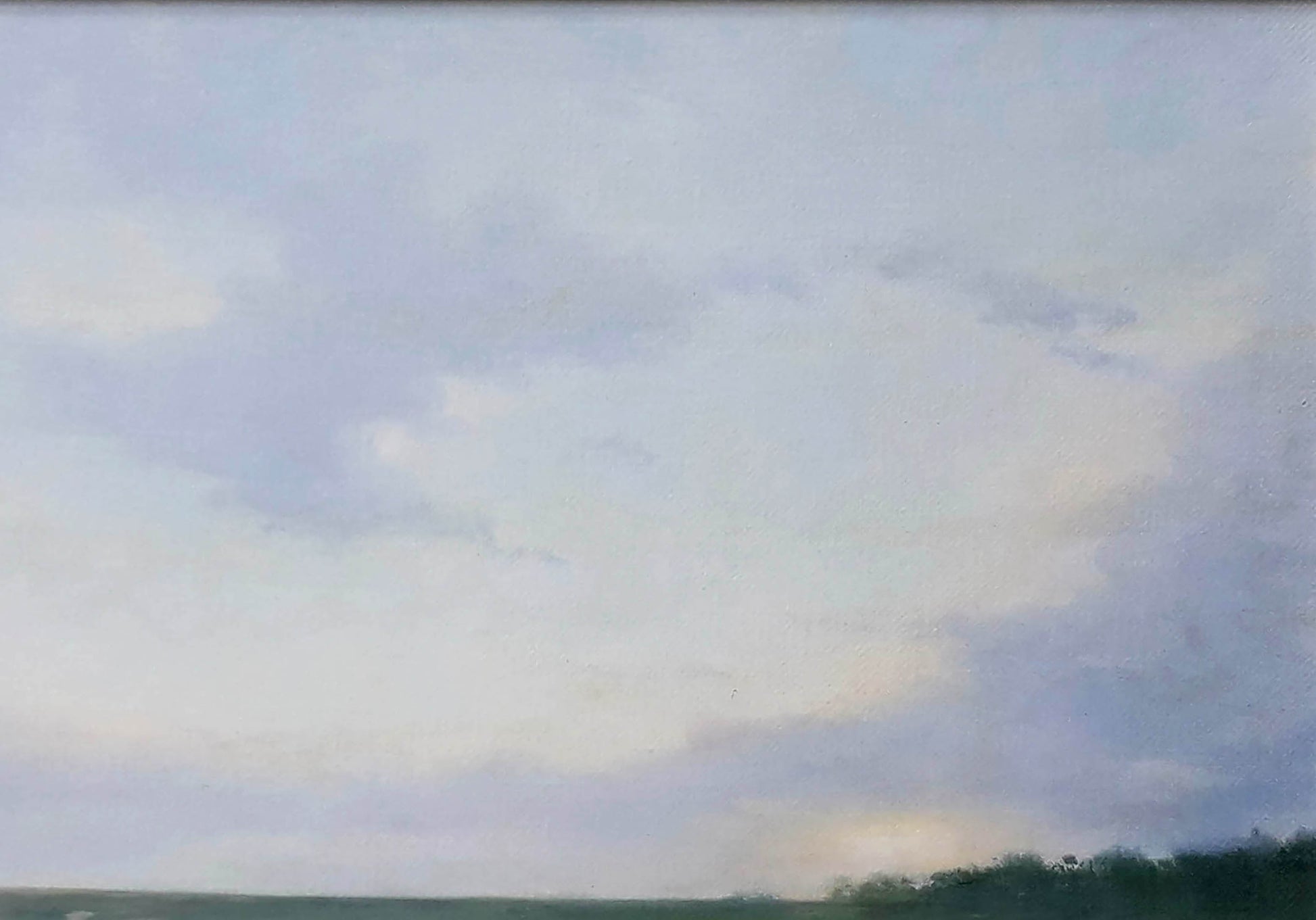 Oil painting After the rain Korkishko Vasily: soft pale blue clouds above tree line
