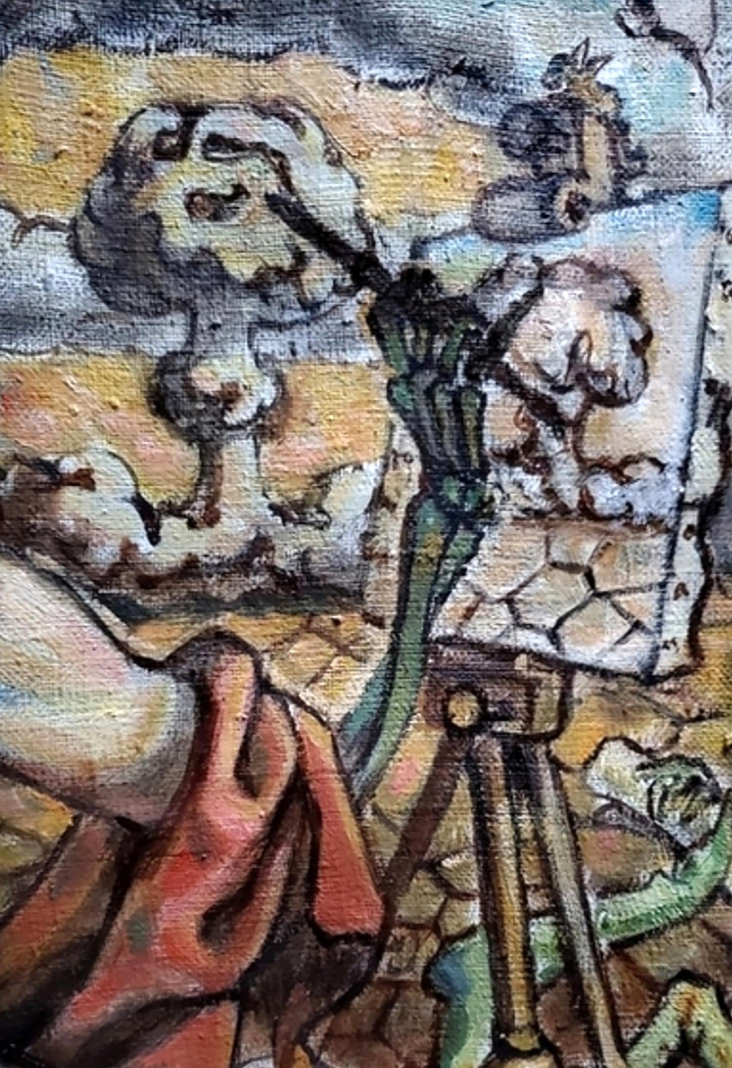 Surreal oil painting by Litvinov Daniil Olegovich: skeletal figure in green with cracked easel canvas