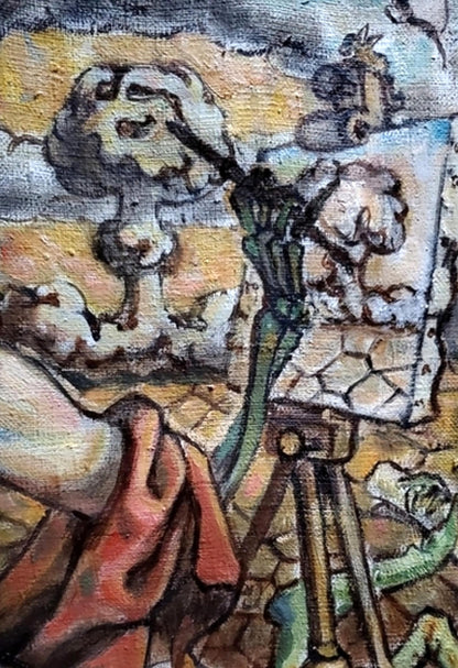 Surreal oil painting by Litvinov Daniil Olegovich: skeletal figure in green with cracked easel canvas