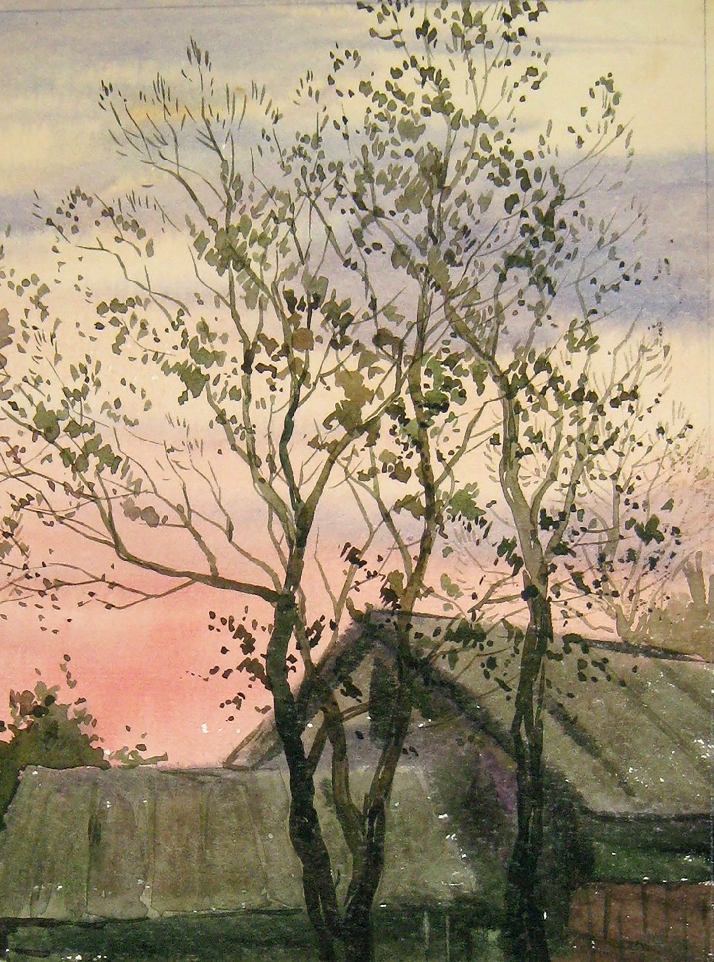 Watercolor painting Evening countryside