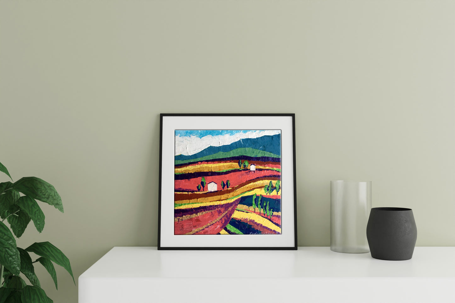 Framed oil painting of colorful fields on a sunny day by V. Zadorozhnya