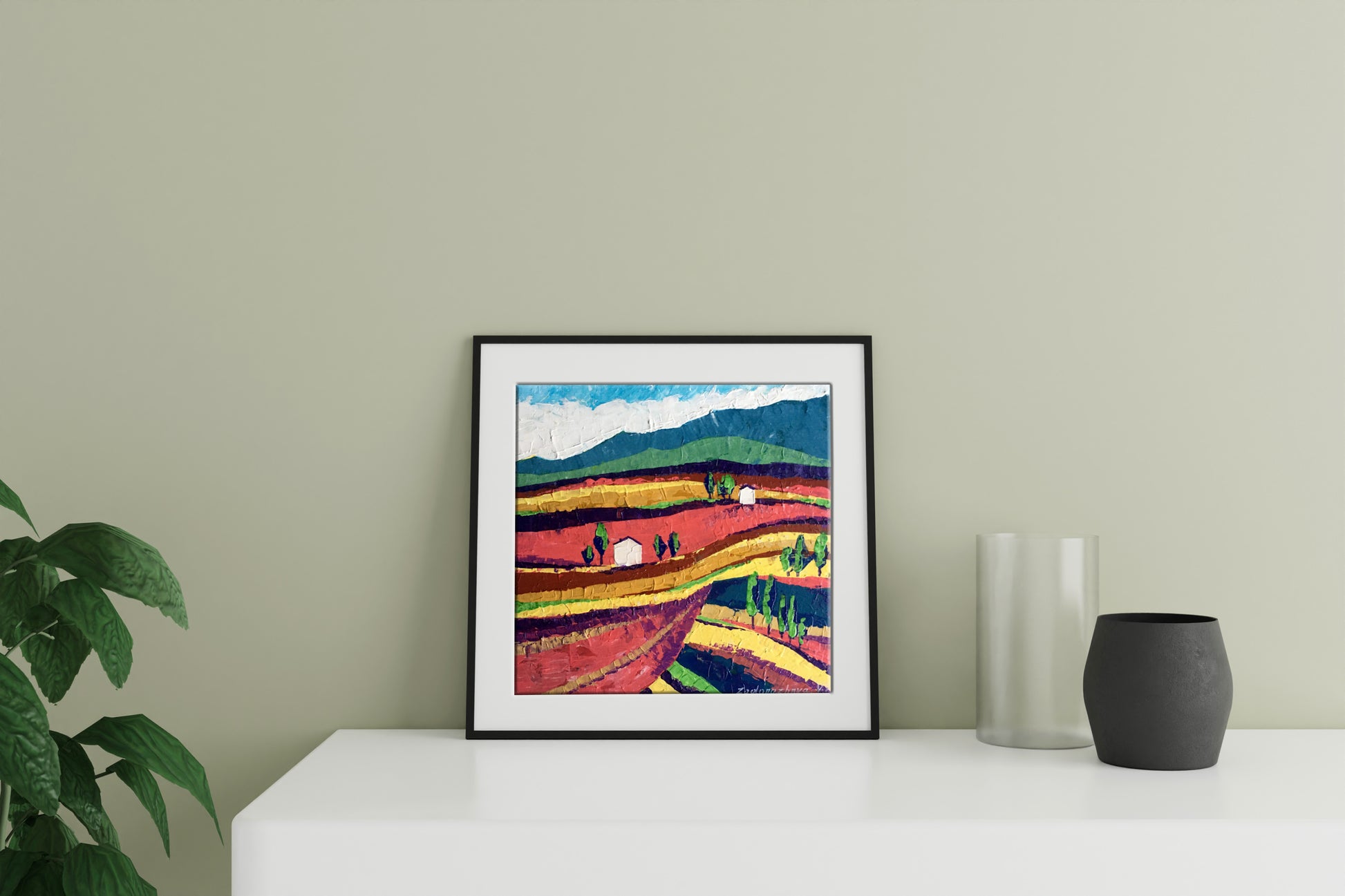 Framed oil painting of colorful fields on a sunny day by V. Zadorozhnya