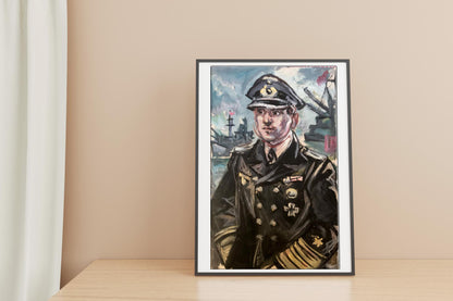 Framed oil portrait of naval officer Alexander Arkadievich Litvinov with ships at sea