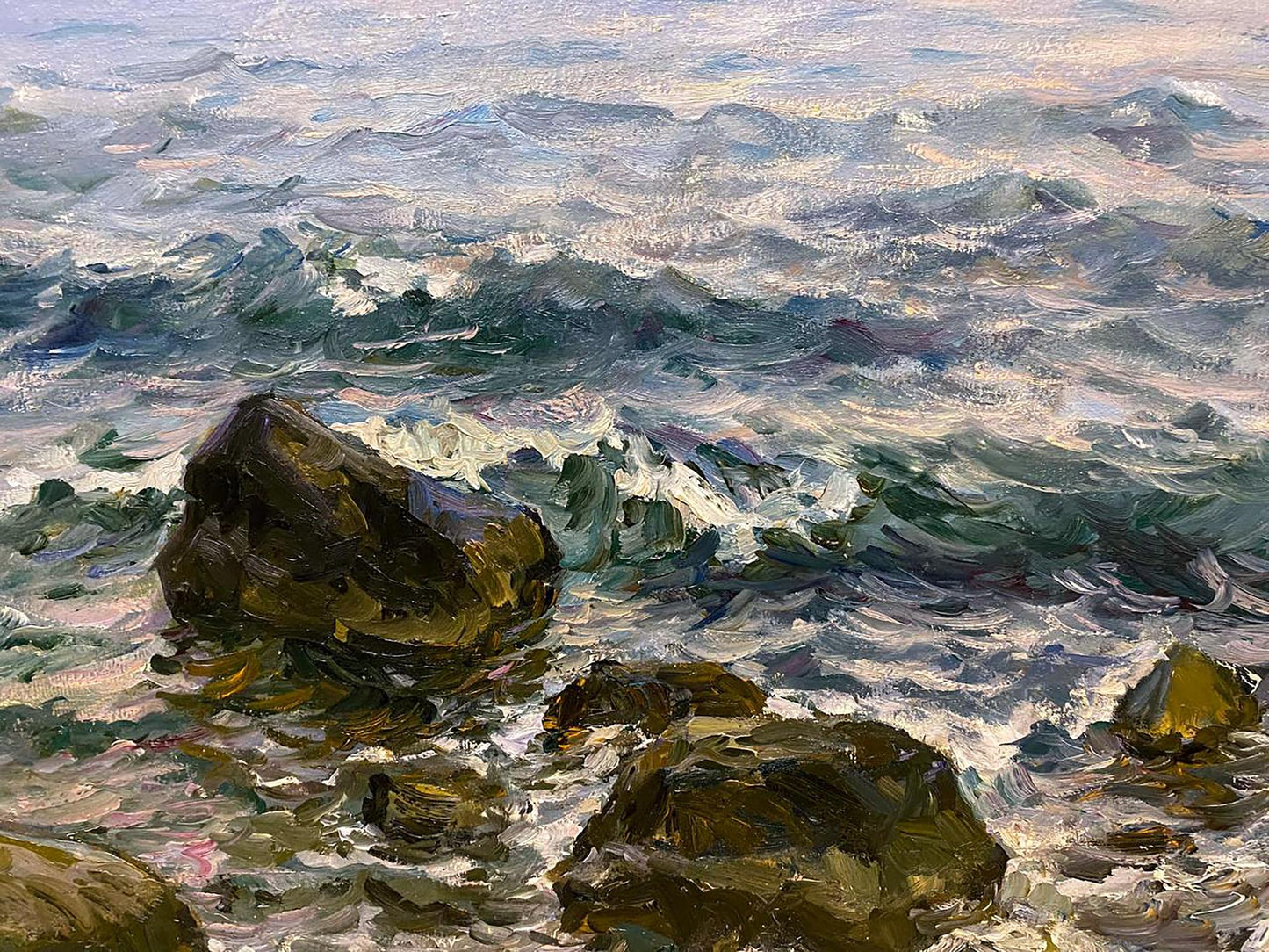 Oil painting by Surf Basov Yakov Aleksandrovich: textured dark green brown rock in ocean waves