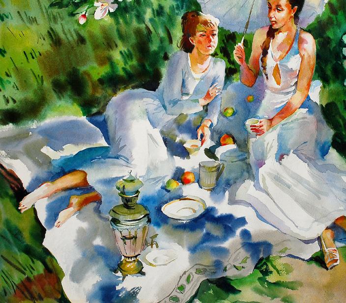 Watercolor painting of traditional R. samovar by Egor Shvachunov