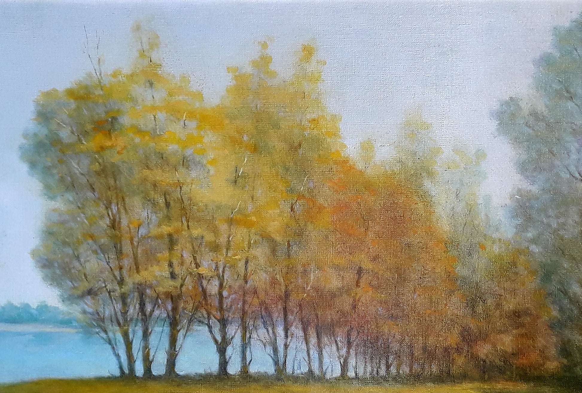 Oil painting Autumn Korkishko Vasily: serene trees by calm waters