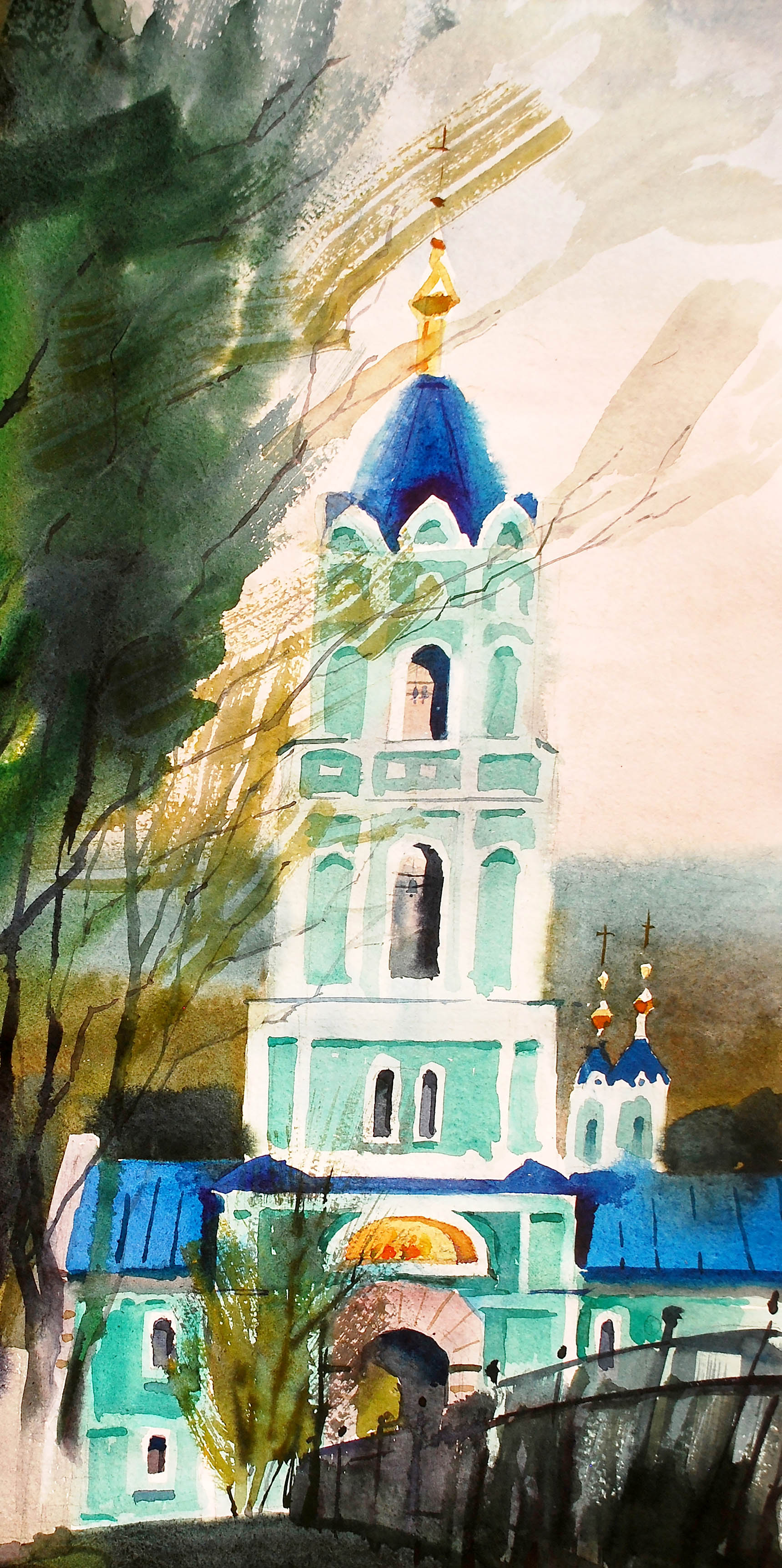 Watercolor painting of Egor Shvachunovs church tower with blue domes