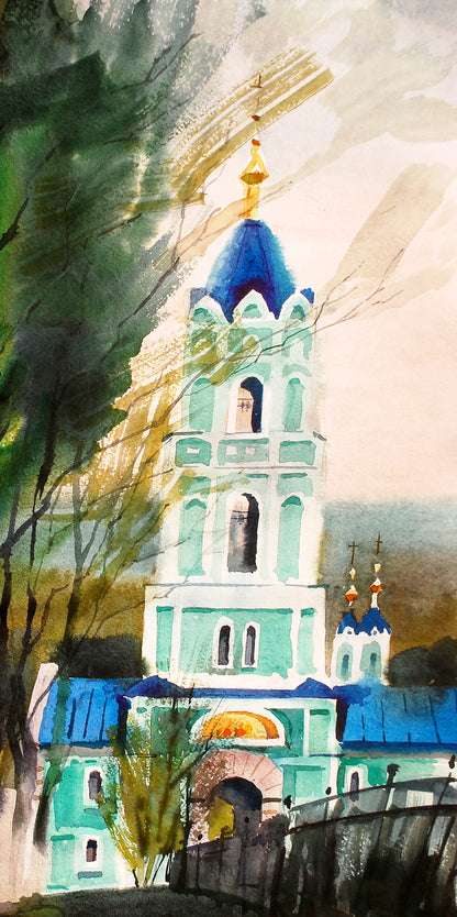 Watercolor painting of Egor Shvachunovs church tower with blue domes