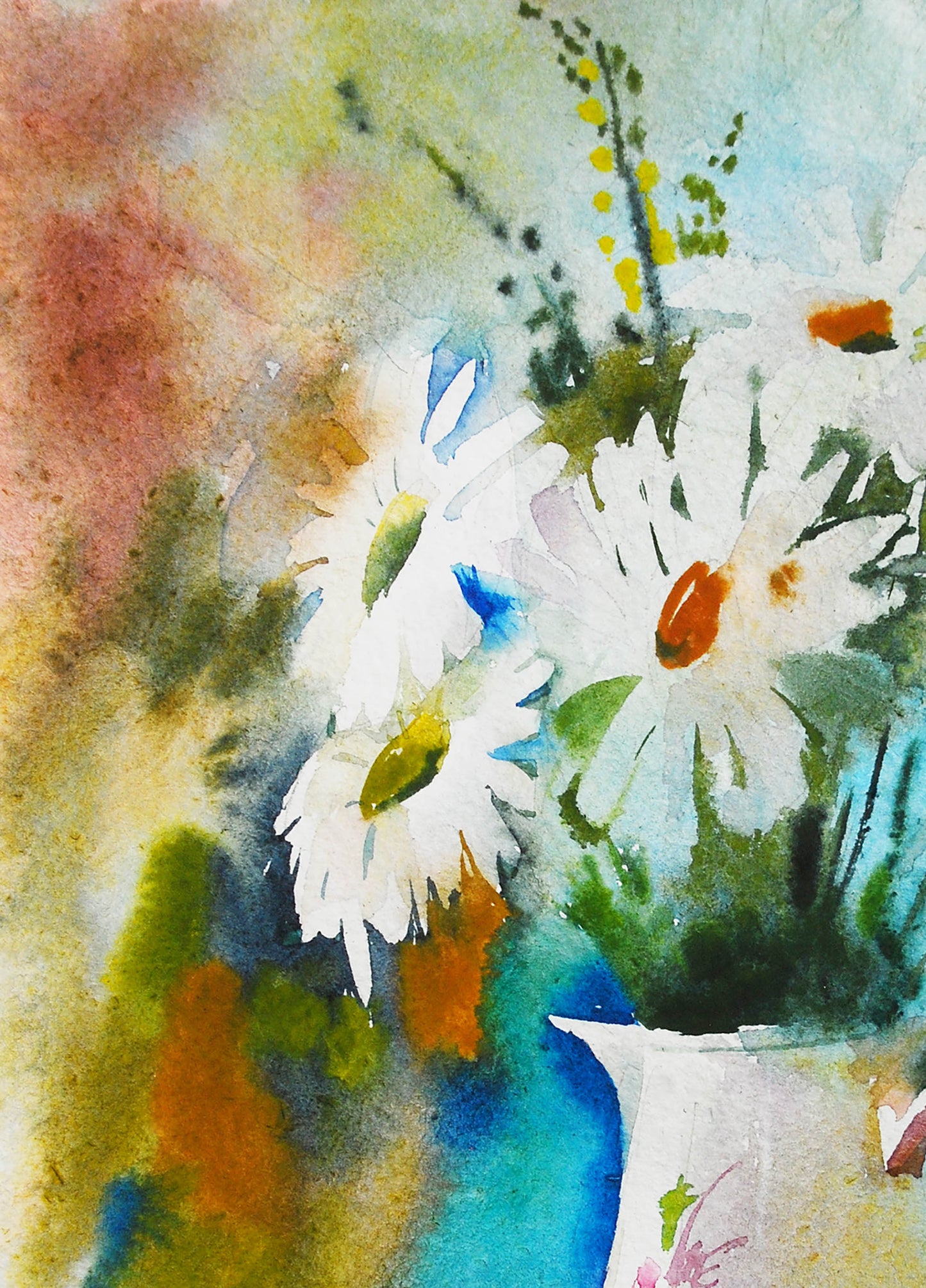 Watercolor painting of chamomile by Egor Shvachunov in vase