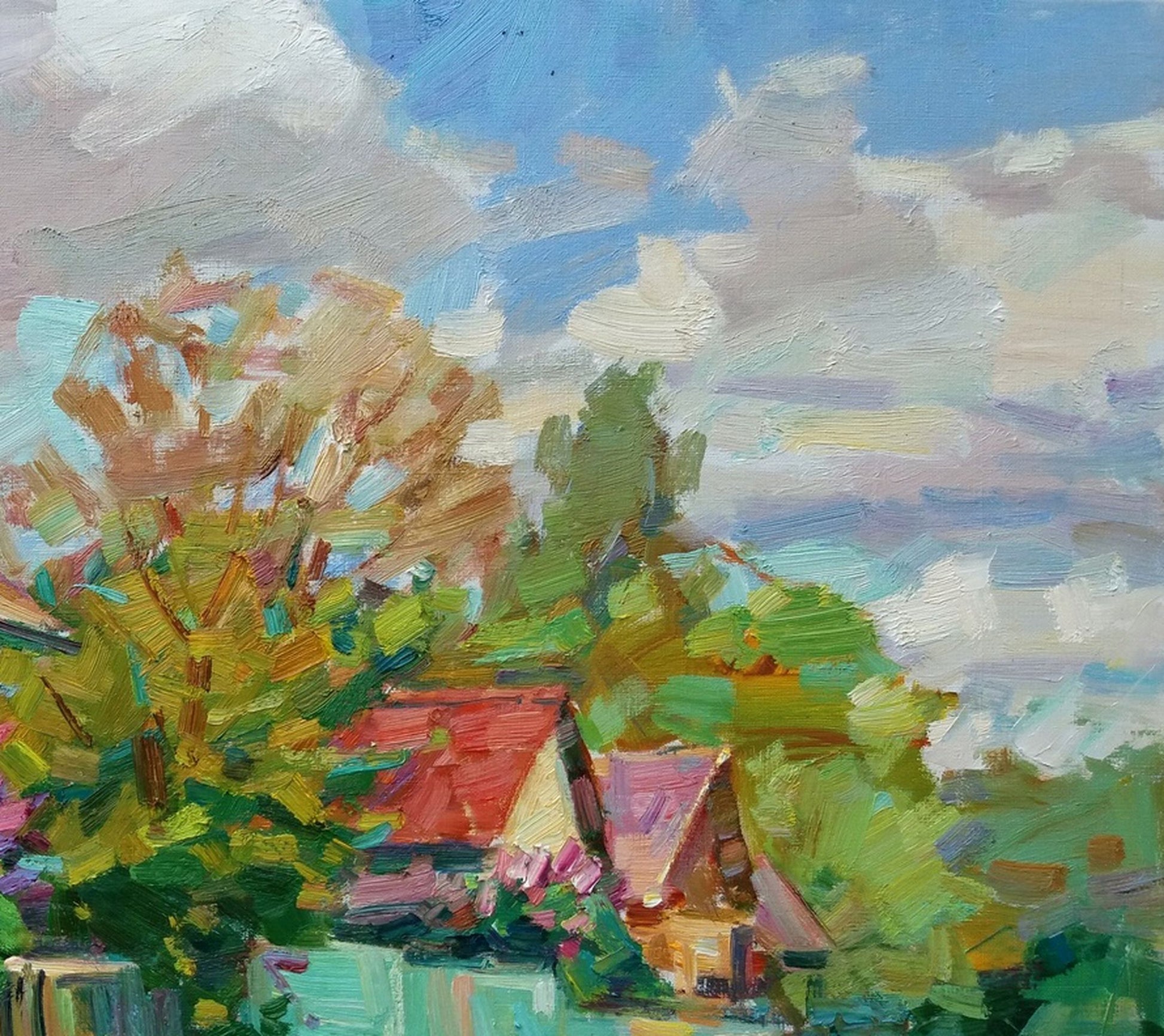 Oli painting Spring Village landscape  Pereta Vyacheslav