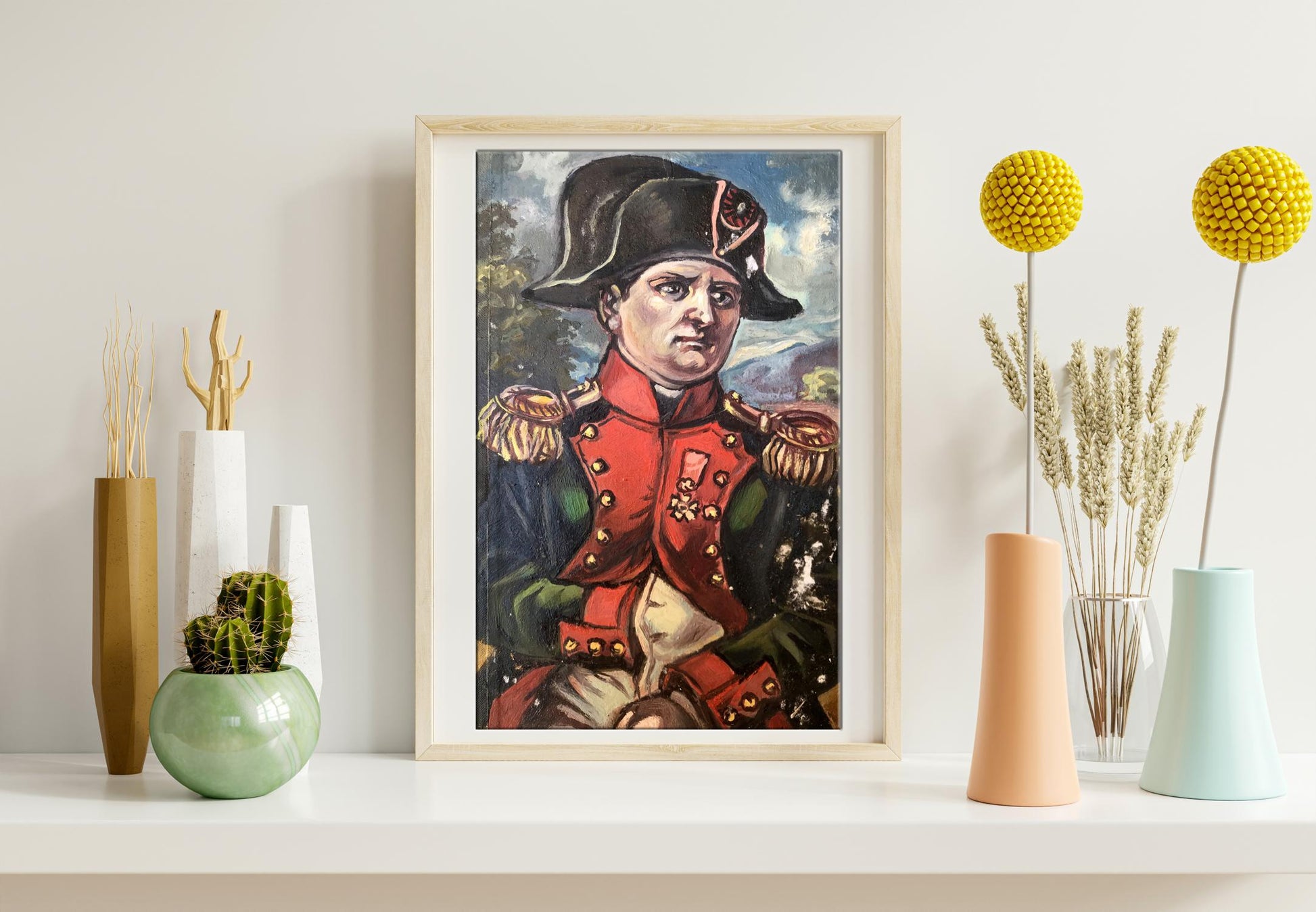 Oil painting portrait of Napoleon Alexander Arkadievich Litvinov in bicorne hat and red coat