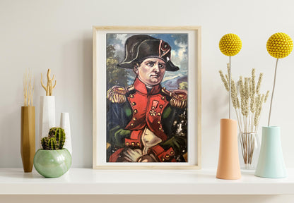 Oil painting portrait of Napoleon Alexander Arkadievich Litvinov in bicorne hat and red coat