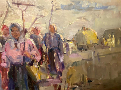 Vibrant impressionistic oil painting of Kolkhoz women walking outdoors by unknown artist