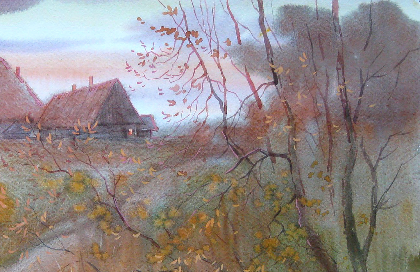 Watercolor painting countryside landscape 