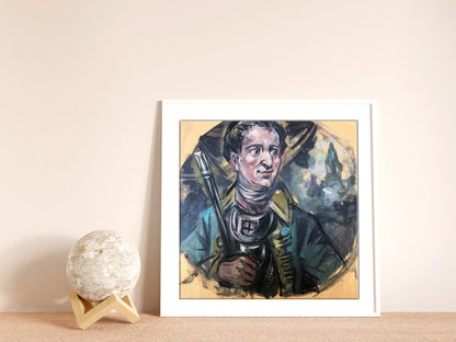 Oil painting portrait of soldier Alexander Litvinov in overcoat, white frame