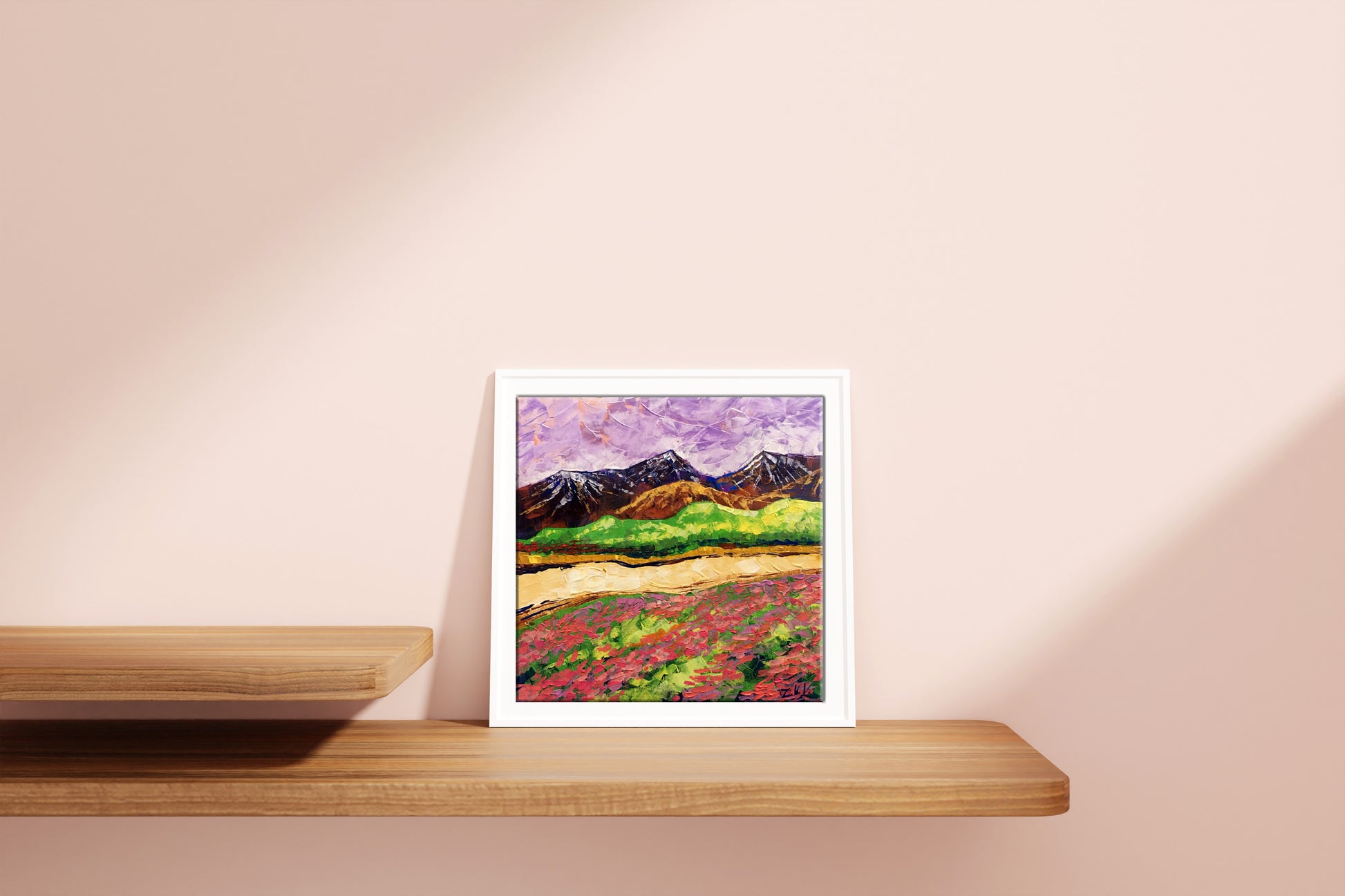 Framed Oil painting Colorful mountains V. Zadorozhnya with purple skies