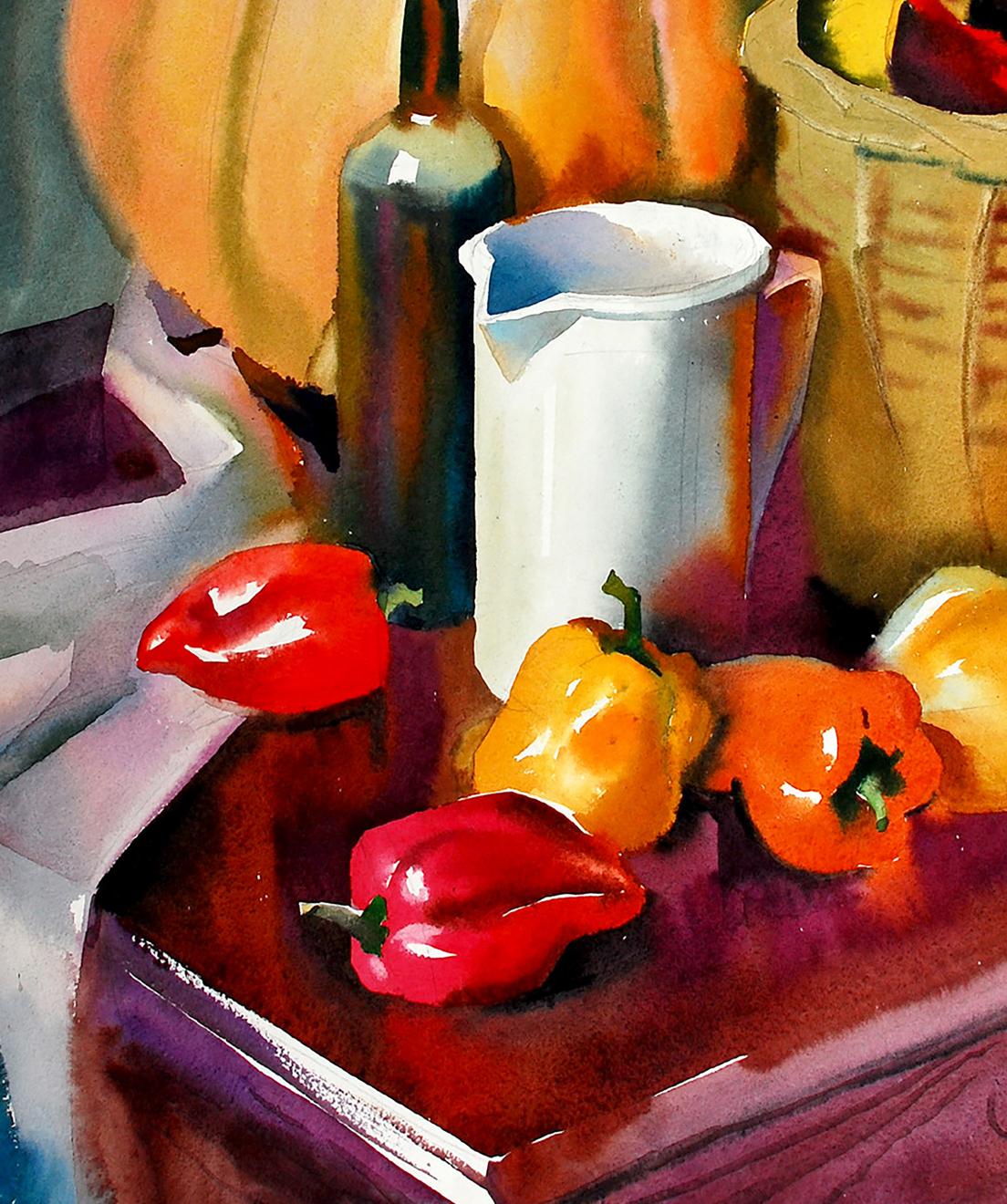 Watercolor still life painting of vibrant red yellow bell peppers by Egor Shvachunov