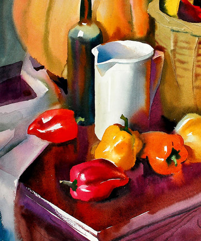 Watercolor still life painting of vibrant red yellow bell peppers by Egor Shvachunov