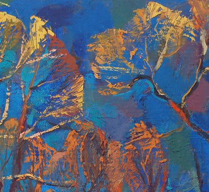 Oil painting Basic Motive by Egor Shvachunov with bold blue gold orange strokes