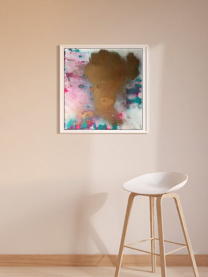 Framed Whirlwind of Joy acrylic painting by Olga Melezhik: textured brown bull head on pink teal white splashes