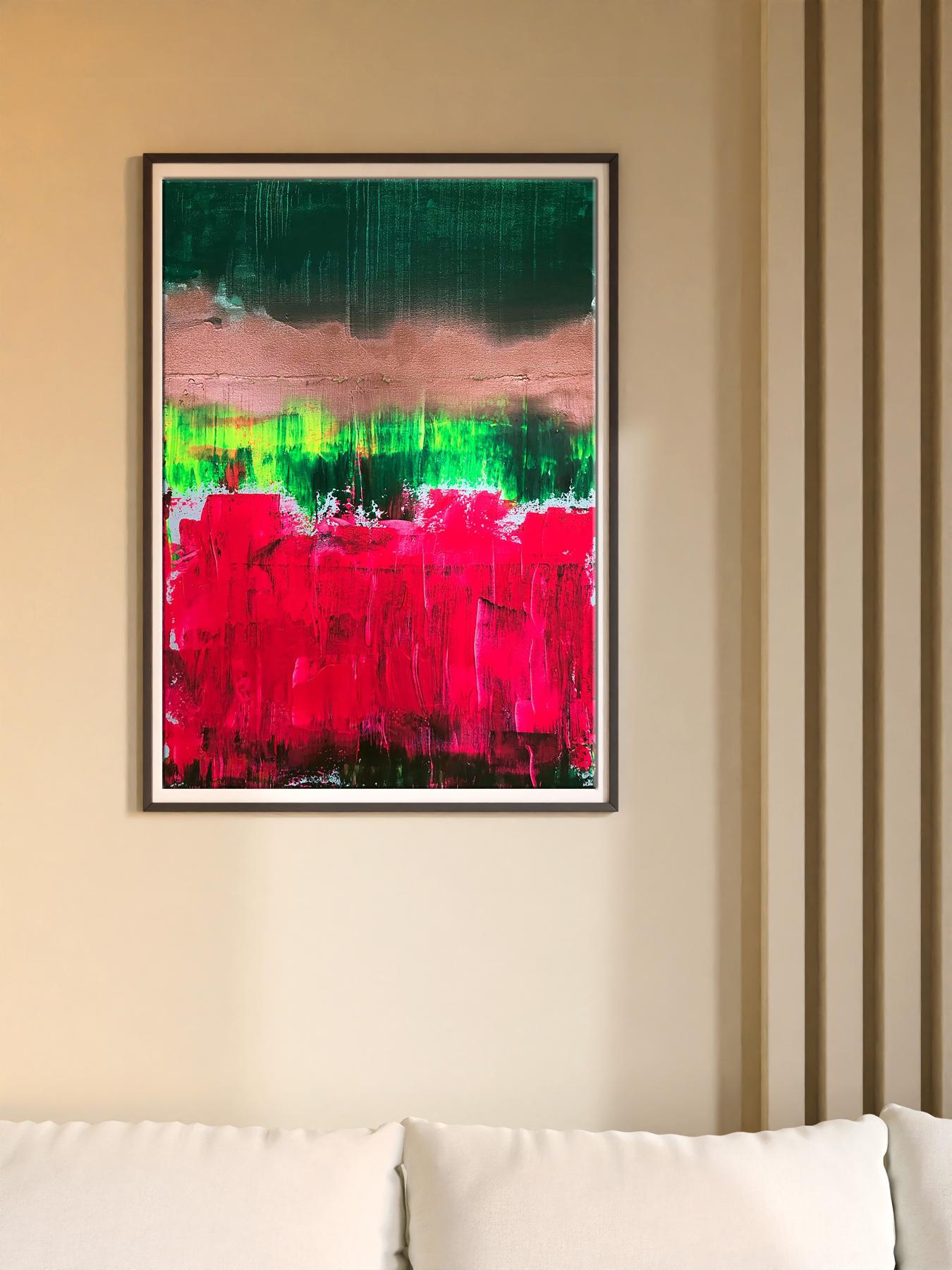 Acrylic painting Emotional Wave by Melezhik Olga, bold green pink lime bands