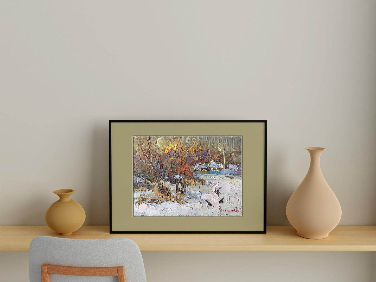 Framed oil painting by Oksana Ivanyuk: snowy landscape with autumn trees under full moon