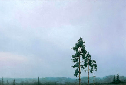 Oil painting Morning by Korkishko Vasily: tall pine tree under overcast sky