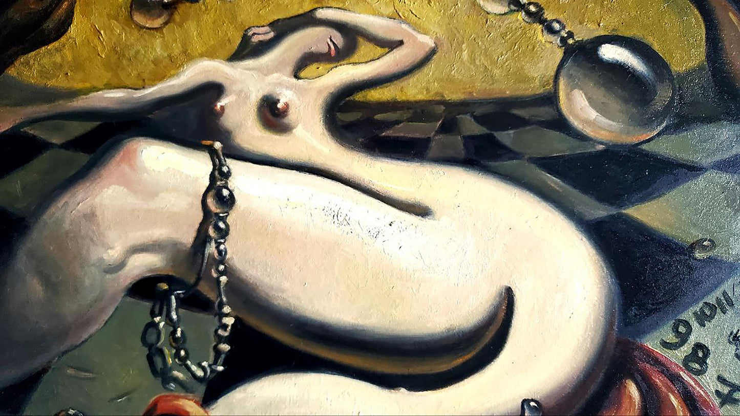 Surreal nude female in dynamic Queen move pose, abstract oil painting by Litvinov Daniil Olegovich