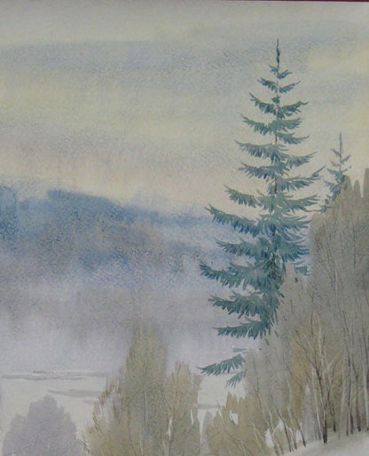 Watercolor painting Winter Forest Nature Landscape 