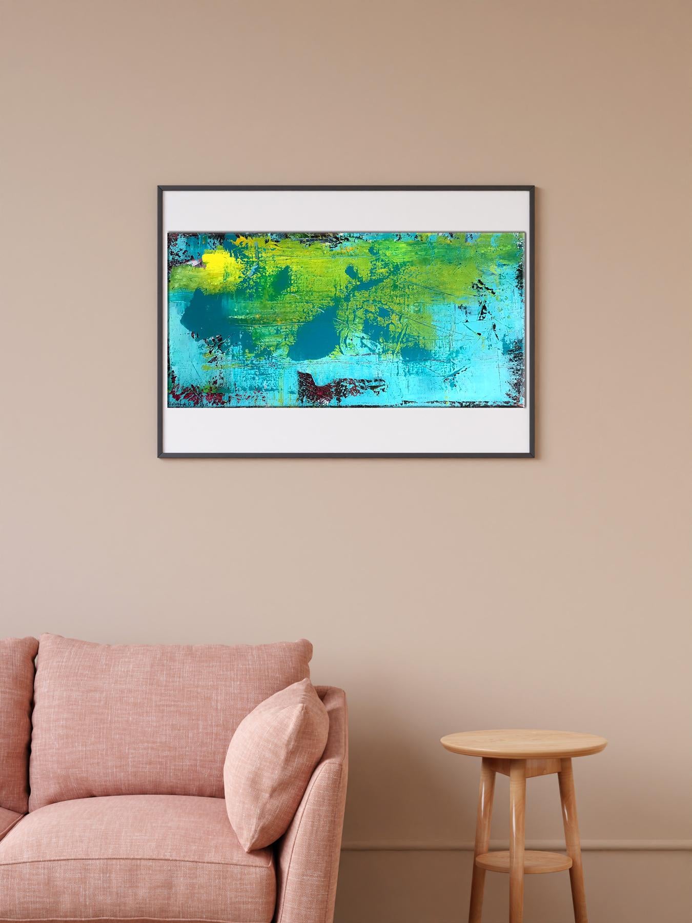 Vibrant acrylic Dolphin painting by Melezhik Olga in turquoise, green, yellow, black frame