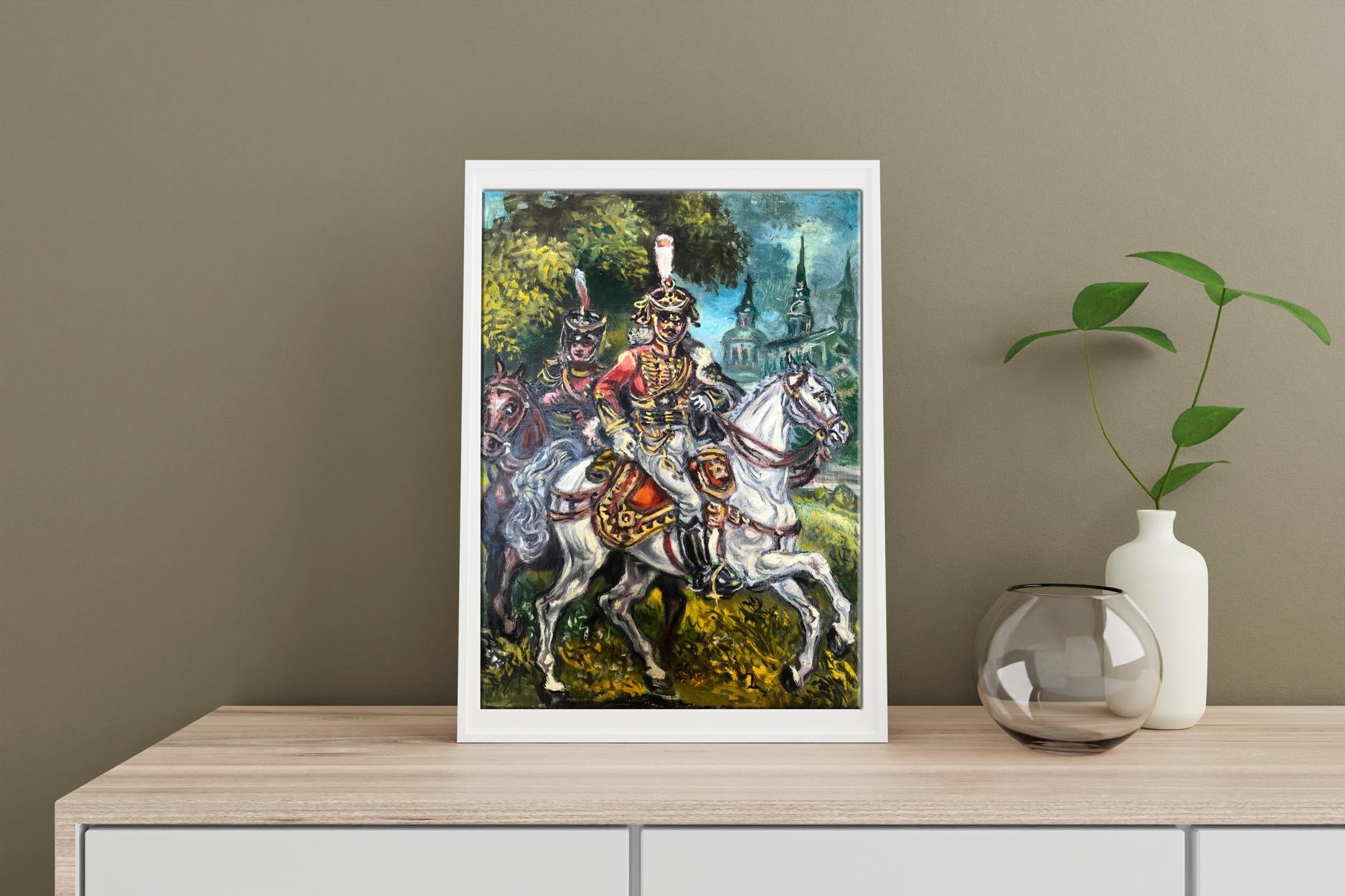 Oil painting portrait of Litvinov: knight in red-gold armor on white horse