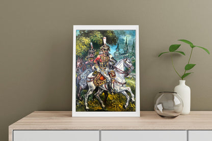 Oil painting portrait of Litvinov: knight in red-gold armor on white horse