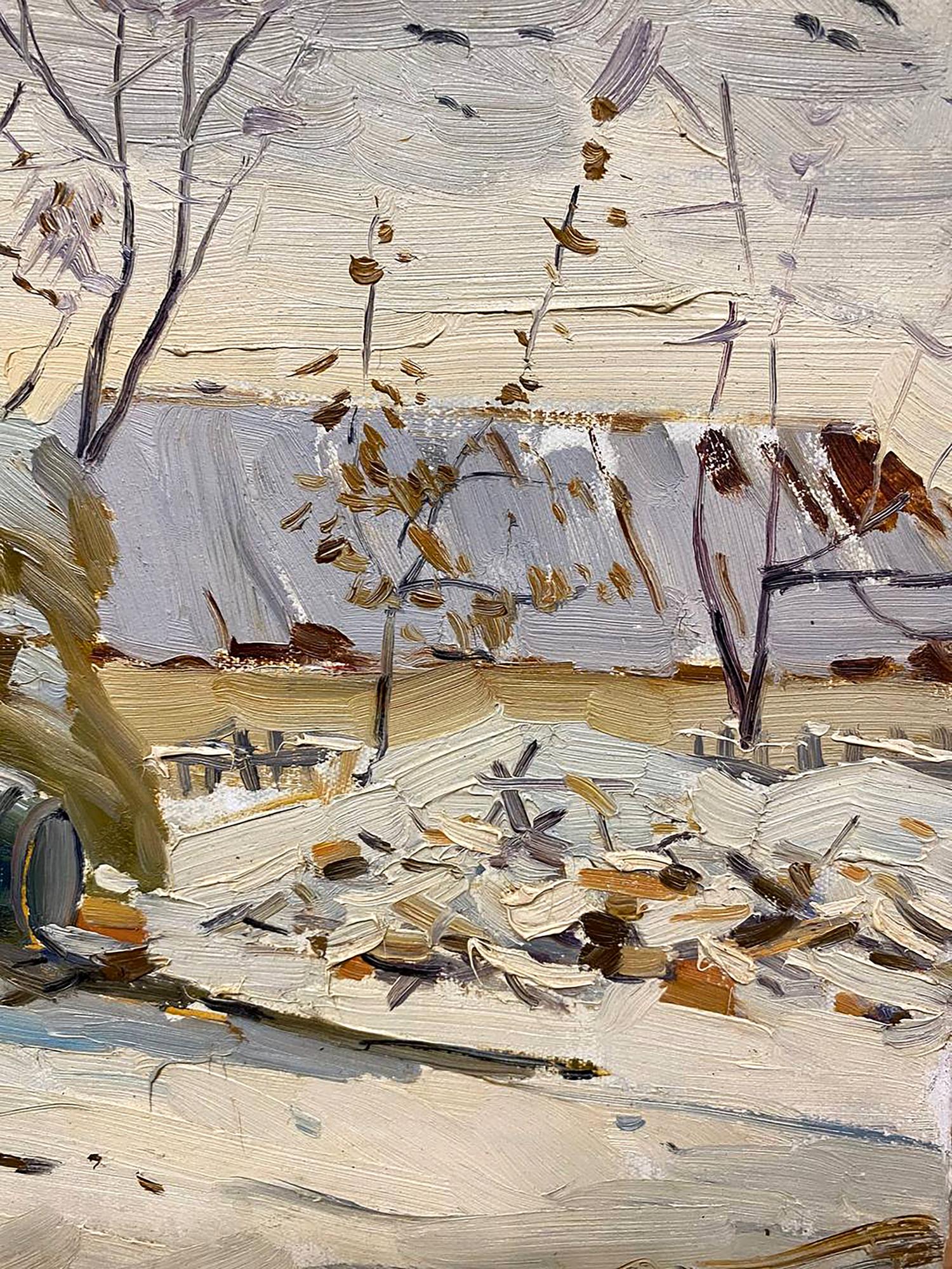 Oil painting Early winter: snowy landscape with bare trees and debris