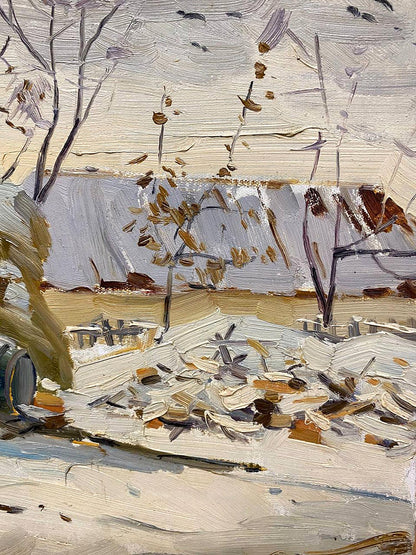 Oil painting Early winter: snowy landscape with bare trees and debris