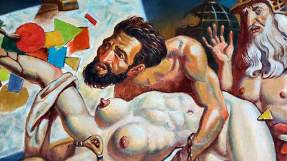 Muscular bearded man in Oil painting The dream of Michelangelo and Leonardo da Vinci by Litvinov Daniil Olegovich