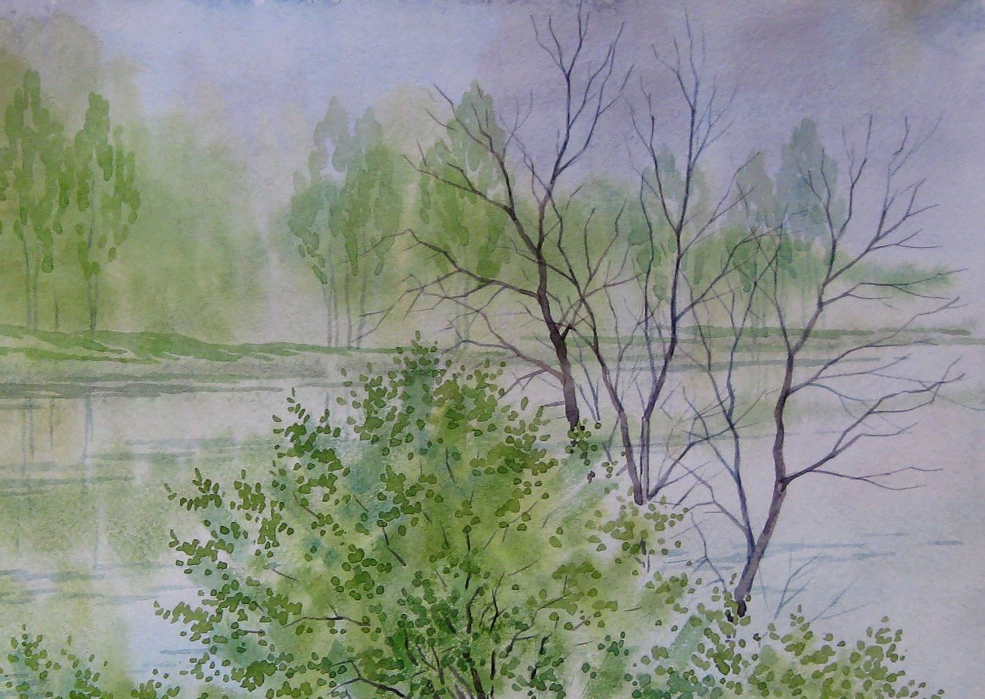 Watercolor painting Spring Nature Landscape 