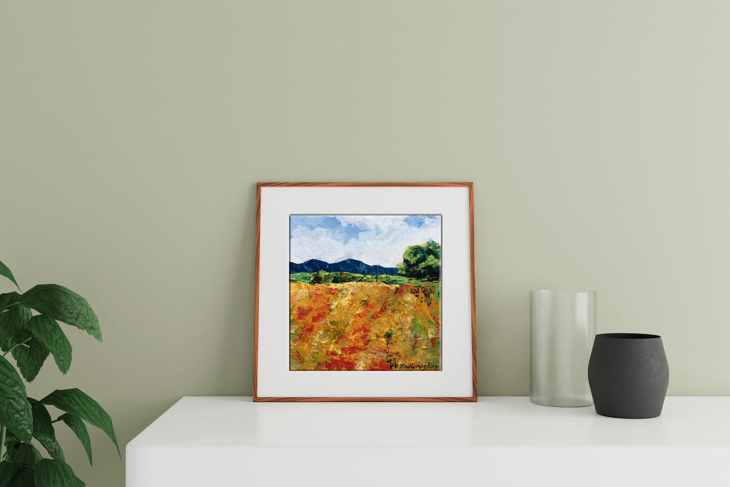Framed watercolor of golden fields and mountains by Zadorozhnya V. V