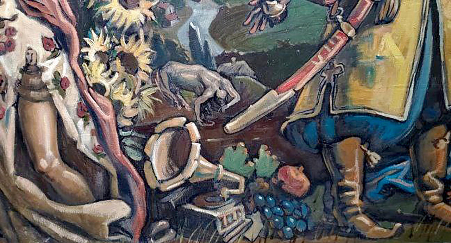 Oil painting Dreams of a Cossack by Litvinov Daniil Olegovich: vintage gramophone with sunflowers, grapes