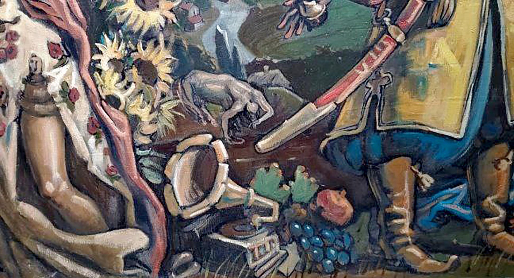 Oil painting Dreams of a Cossack by Litvinov Daniil Olegovich: vintage gramophone with sunflowers, grapes
