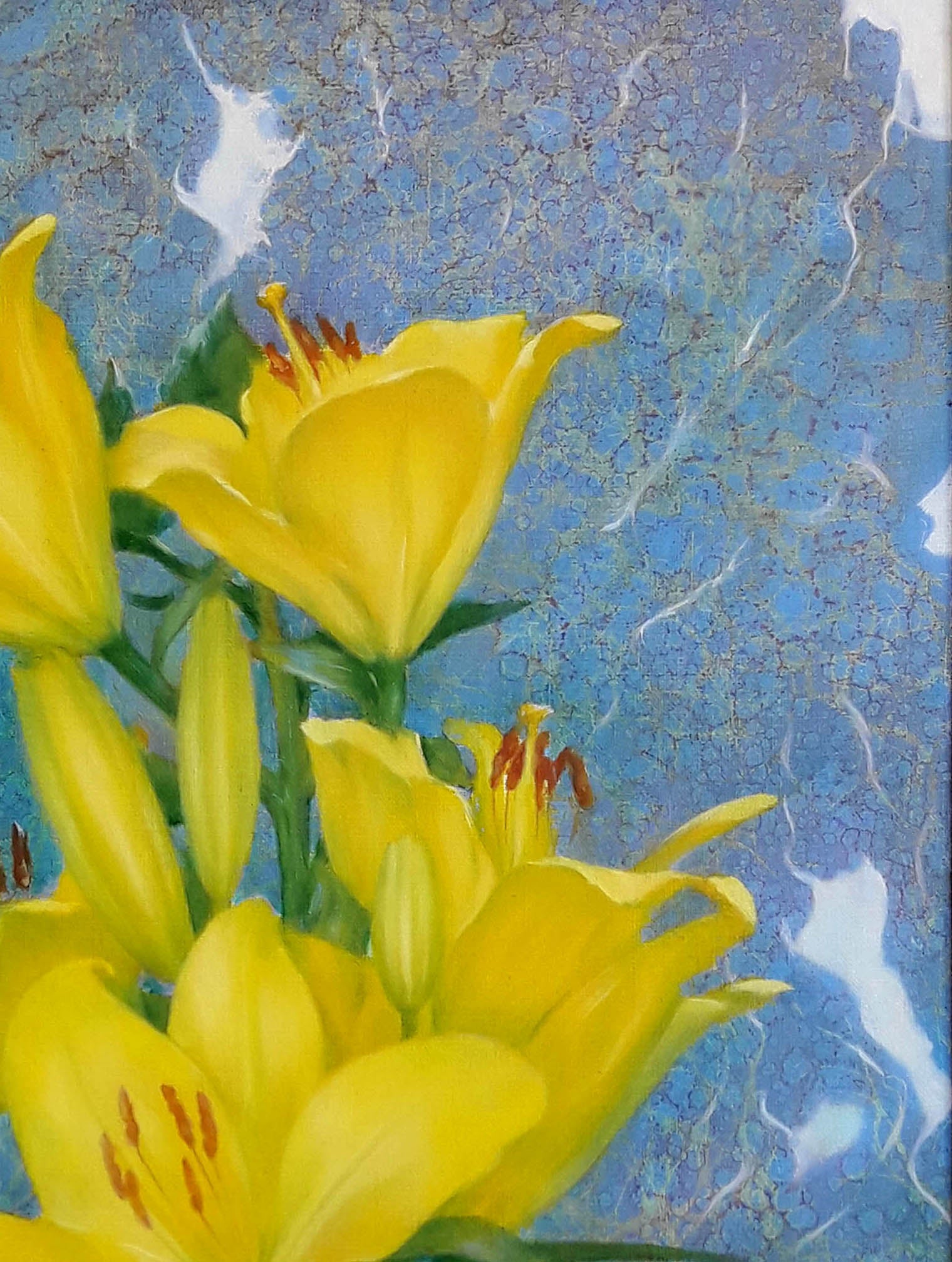 Oil painting of vibrant yellow lilies by Vasily Korkishko