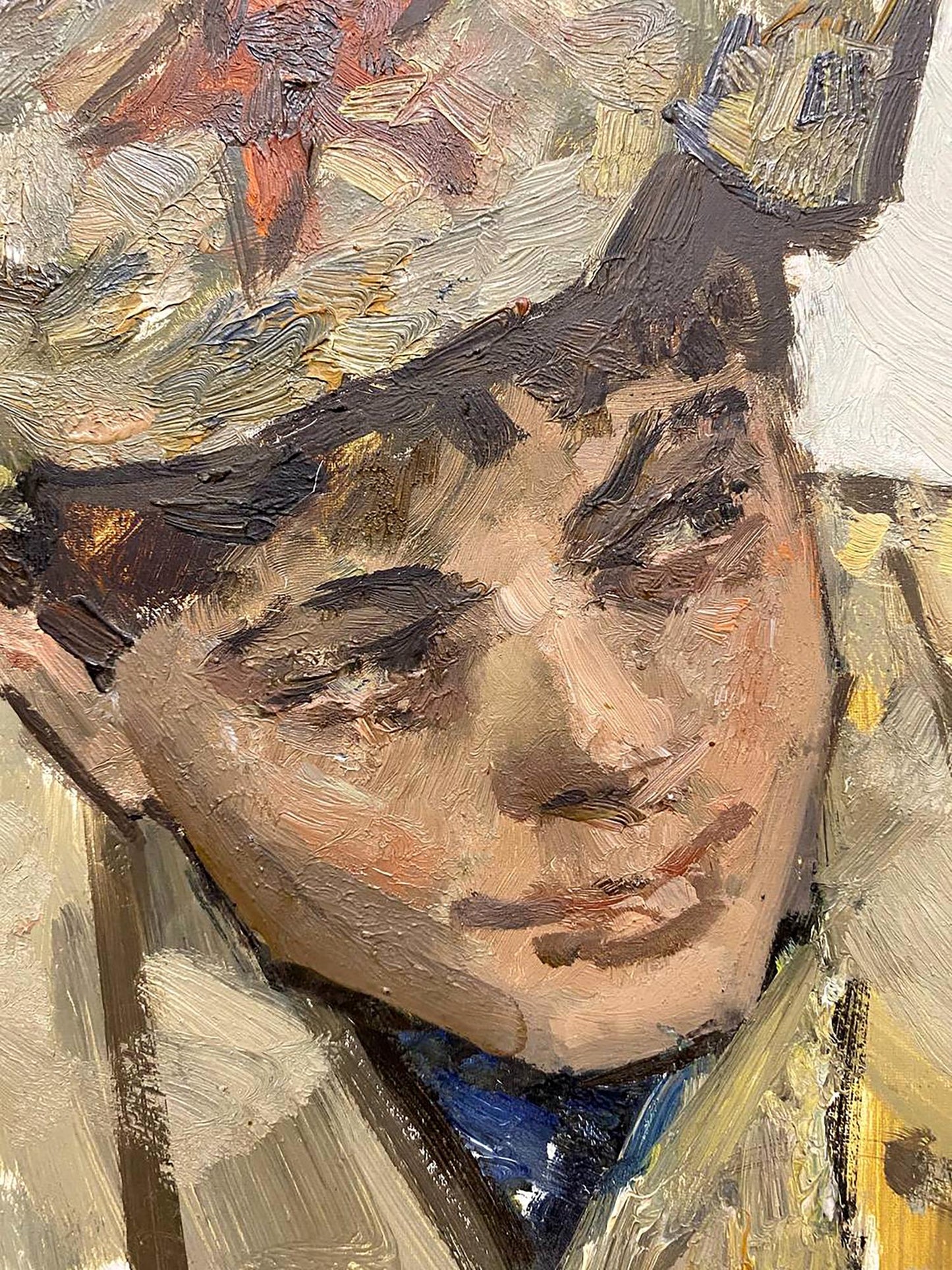 Oil painting Guardsman Stil by Leonid Mikhaylovich, impressionistic young man portrait