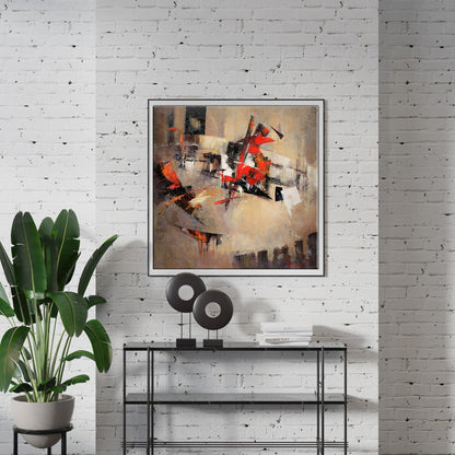 Oil painting New Arena by Valentina Alekseevna Kozyar with bold red black beige strokes in silver frame