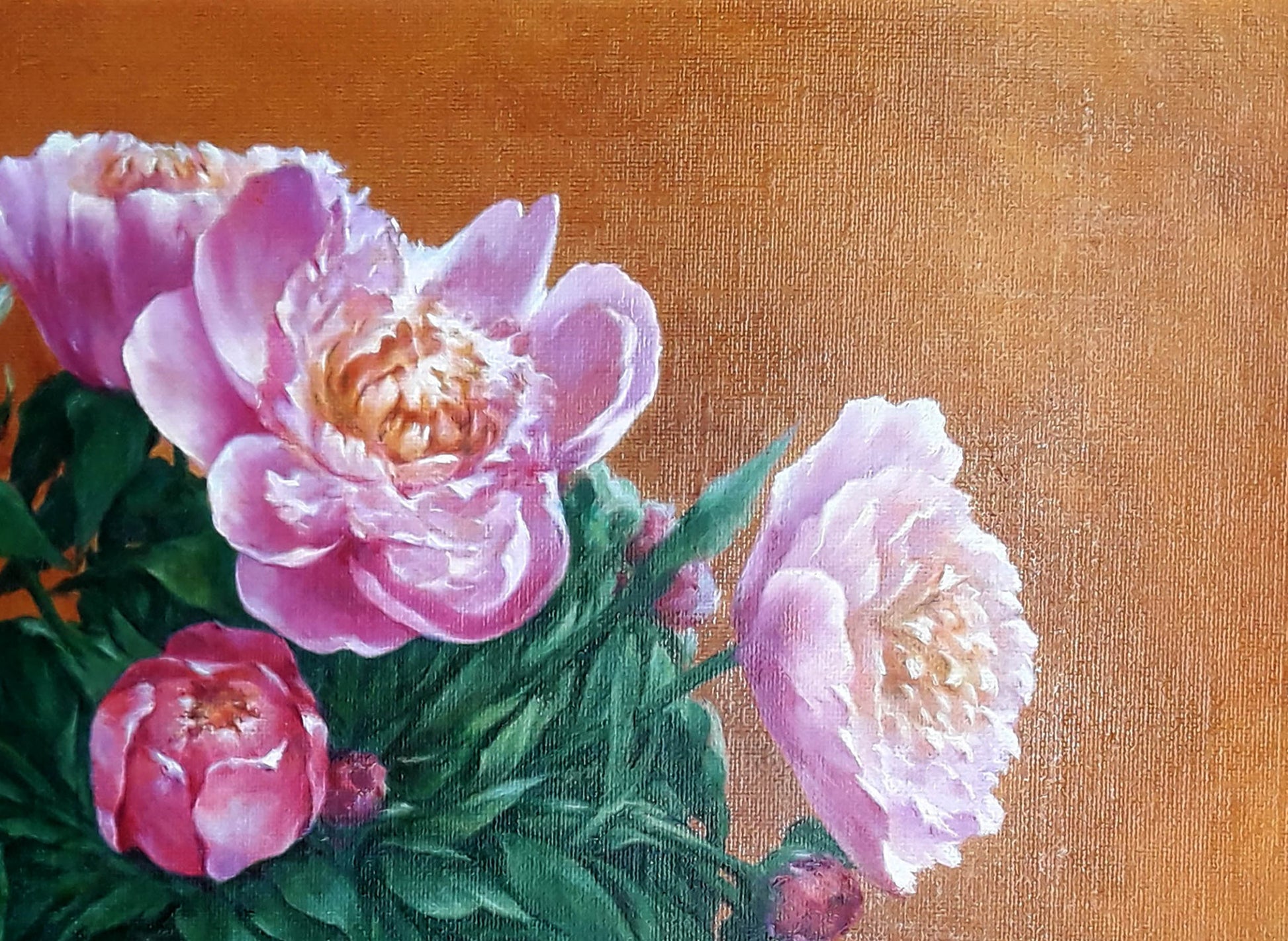 Vibrant oil painting of pink peonies by Korkishko Vasily on textured canvas
