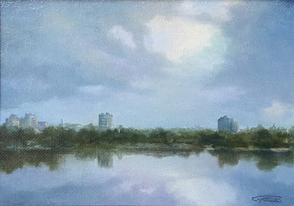 Serene oil painting by Korkishko Vasily: tranquil urban lake landscape