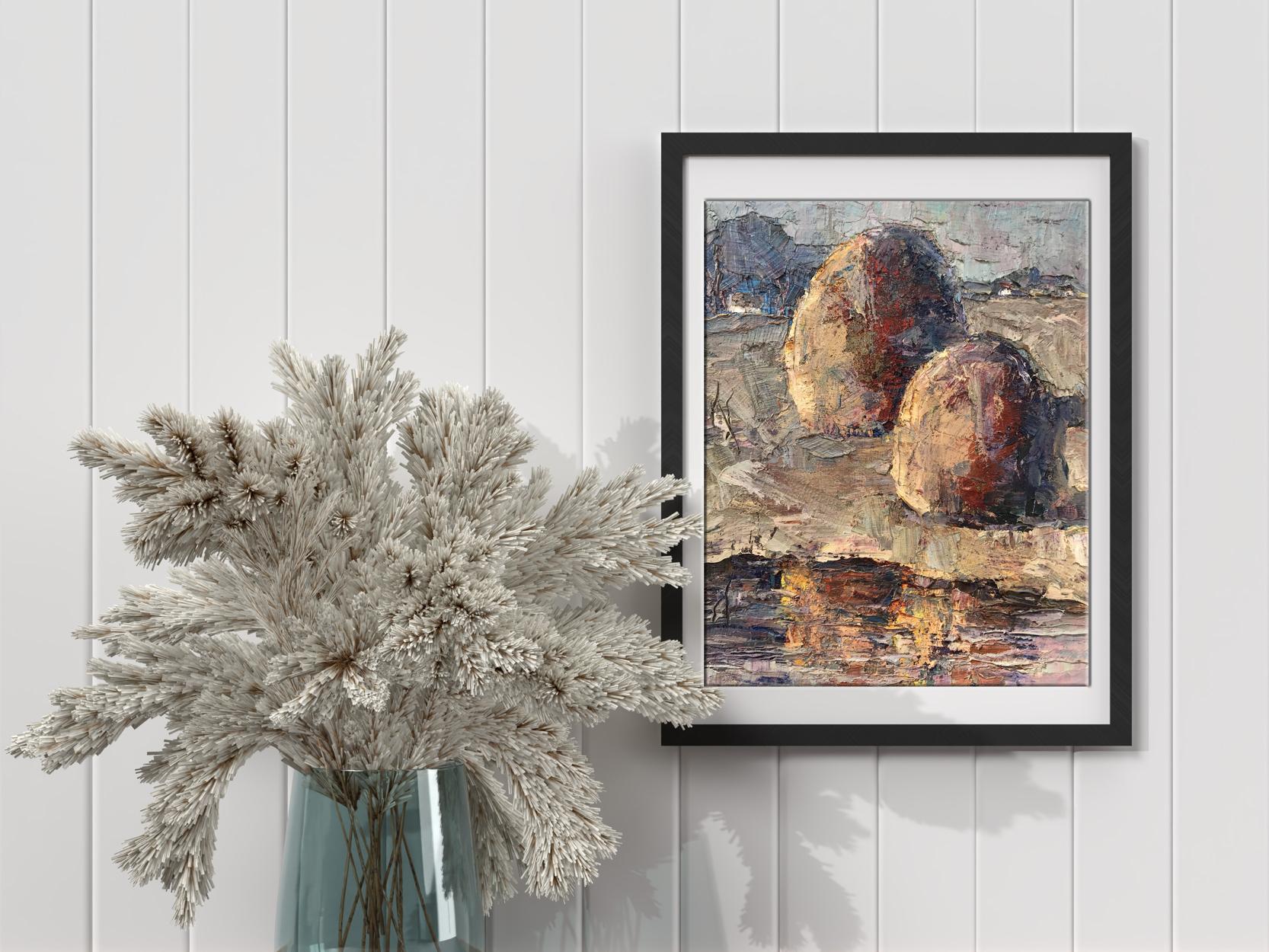 Framed Oil painting August morning Mazur Vladimir with earth-toned textured spheres