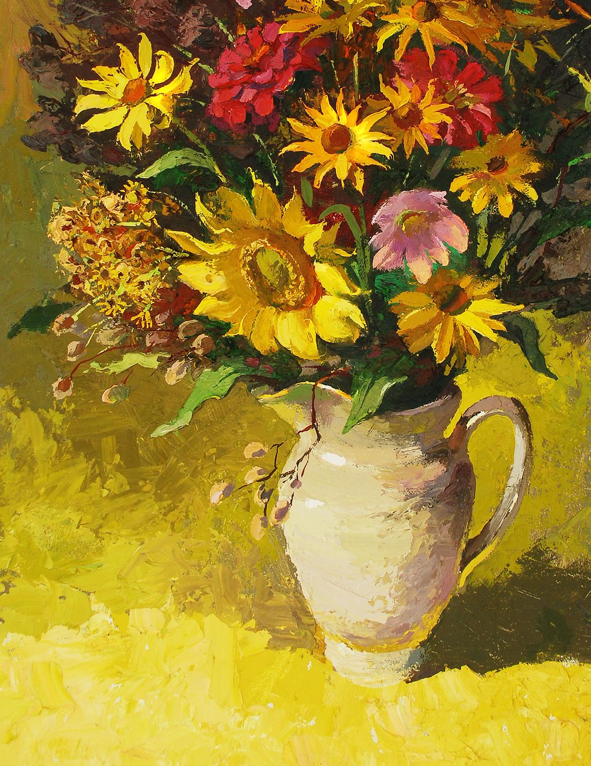 Oil painting Still life by Egor Shvachunov: white pitcher with vibrant yellow, red, pink flowers