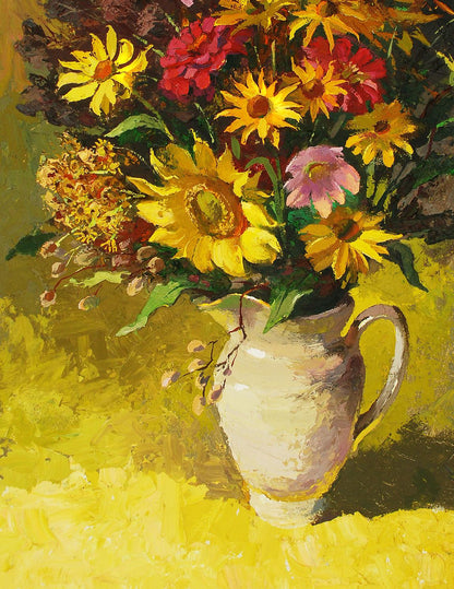Oil painting Still life by Egor Shvachunov: white pitcher with vibrant yellow, red, pink flowers