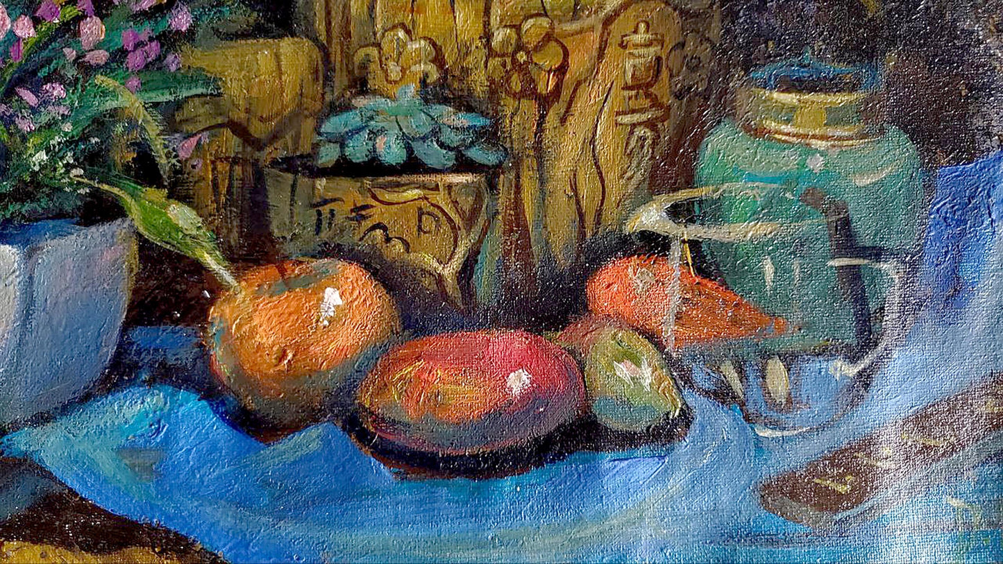 Oil painting still life by Litvinov Daniil Olegovich: vibrant orange red fruits on blue cloth
